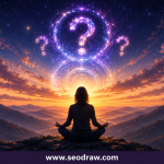 Mystical sunset meditation in cosmic landscape