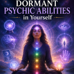 Mystical spiritual poster titled “How to Awaken Dormant Psychic Abilities in Yourself,” featuring a meditating woman seated in a lotus position against a cosmic, star-filled background. Her body is aligned with glowing chakra lights in multiple colors running from base to crown, symbolizing energy activation. Surrounding her are esoteric and psychic-themed symbols, including an eye, a crystal ball, tarot imagery, a glowing hand, and a silhouetted figure walking toward a radiant portal. The scene blends purple, blue, and gold cosmic tones with a sunrise-like horizon. At the bottom of the image is the website text “www.seodraw.com.” The overall design conveys themes of inner awakening, intuition, and spiritual expansion.