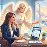 An ethereal, professional scene featuring a businesswoman sitting at a desk with a laptop, looking thoughtfully toward an open window. Behind her stands a serene, winged guardian angel with a soft golden glow, gently gesturing toward the window where a path leads through clouds to a distant city. On the desk, a notebook and a laptop displaying "Career Opportunity" are visible. Signs along the outdoor path are labeled with words like "Opportunity," "New Path," "Growth," and "Purpose". The website URL "www.seodraw.com" is centered in white text at the bottom.