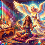 A vibrant digital illustration of a woman in a colorful dress seated in meditation, surrounded by spiritual tools such as crystals, incense, and a lit altar. She is connected by a beam of golden light to a large, radiant, winged guardian angel who stands over her. A prominent stained-glass window with angelic symbols glows on the left. The website URL 'www.seodraw.com' is centered at the bottom of the image.