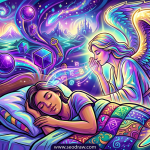 A vibrant, psychedelic art style illustration shows a young woman sleeping peacefully in her bed. From her head, a swirling galaxy of dream imagery emerges, containing floating geometric shapes, multiple golden keys, a distant castle, and mountains, all in glowing purple, pink, and teal tones. To the right, a majestic, winged angel with rainbow-colored feathers leans over, blowing sparkling symbols and letters into the woman's mind. The room is dark, lit only by a bedside lamp and the magical glow of the dreams. At the bottom, the website text 'www.seodraw.com' is visible.